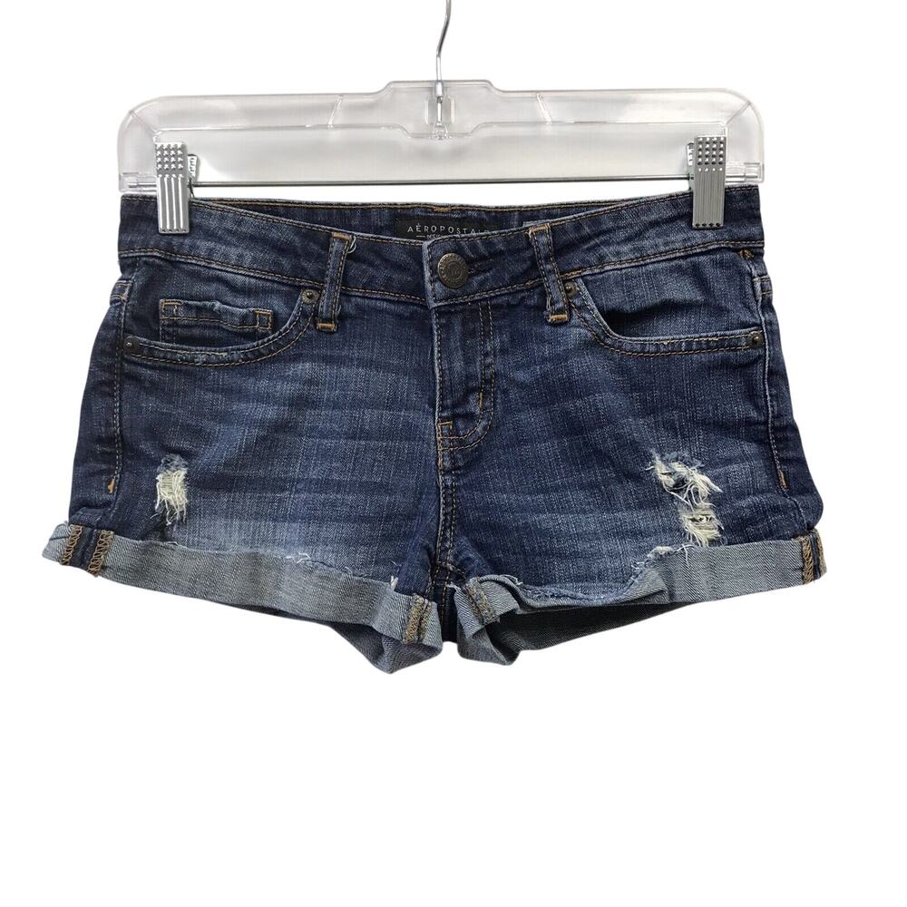 Aeropostale Shorty Shorts Womens Size 0 Booty Denim Blue Distressed